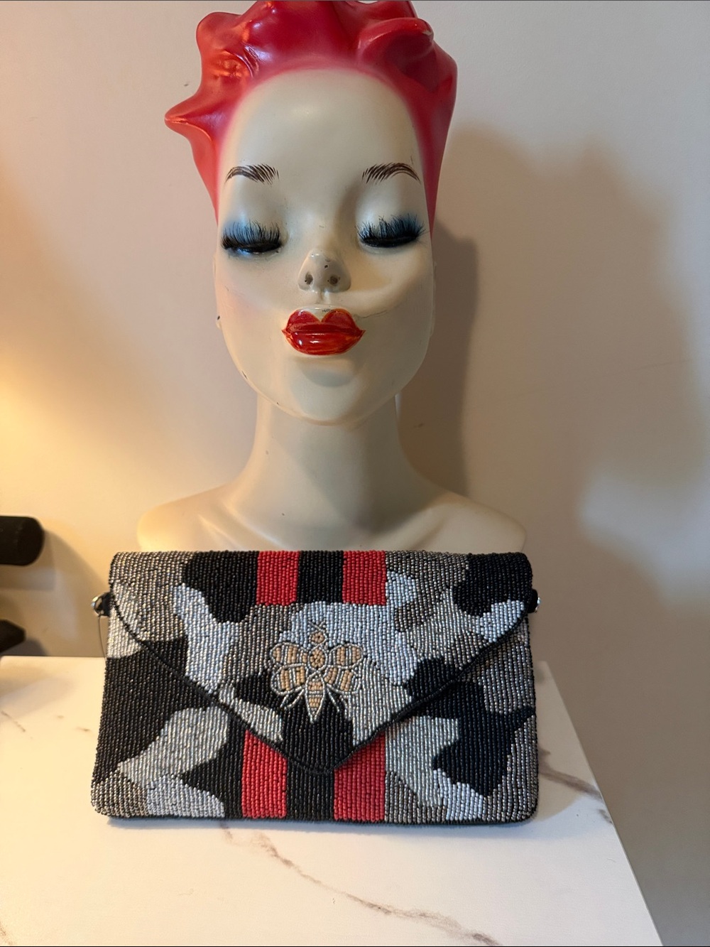 Kay LeeBeaded Black & Gray Camouflage‎ Envelope Clutch with Red Accents with Bee